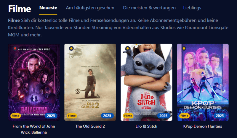 Bildschirmfoto der Filmkiste-Benutzeroberflaeche im Retro-Stil mit gruenem Text auf dunklem Hintergrund